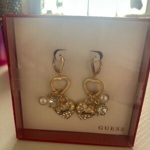 GUESS Gold Tone Crystal Heart Dangle Earrings